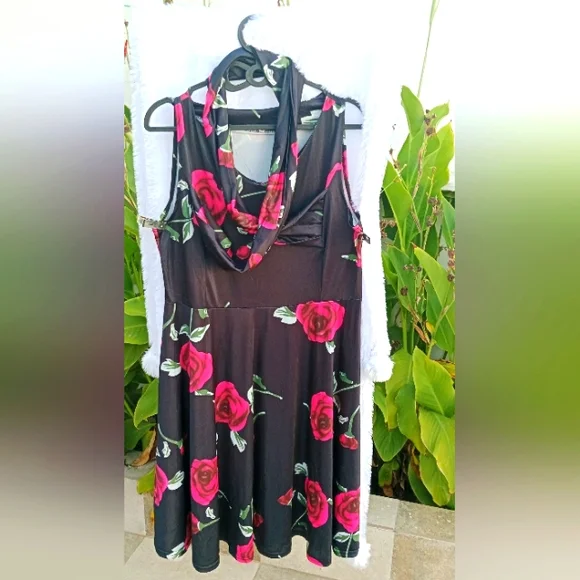 50 style swing dress Rose flower floral print dress 👗 - Picture 2 of 6